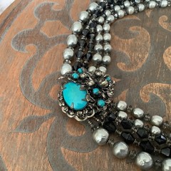 Vintage Miriam Haskell Baroque Pearl Turquoise Rhinestone Crystal Clasp Necklace