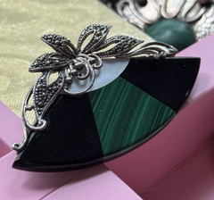 VINTAGE MALACHITE MOP ONYX MARCASITE FAN BROOCH Lily Asian Inspired 2.5 inches