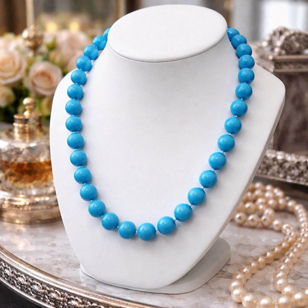 Vintage Marbled Blue Acrylic Bead Necklace – 1950s – 18” – Hand Knotted