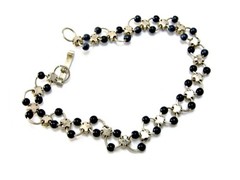 Vintage Tiny Black Bead and Rhinestone Bracelet Circle Links in Silver Tone