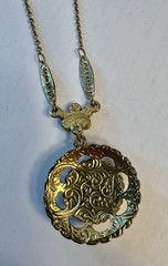 Mother Of Pearl Pendant Necklace Gold Tone Adjustable Length Signed 1928 Brand