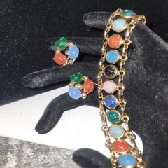 Vintage Scarab Bracelet and Clip On Earrings Set Gold Tone Multi Stone Jewelry