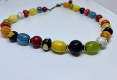 Vintage 70s Colorful Green Red Blue Black Yellow Beaded White Multi Aprox. 16”