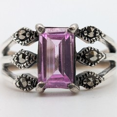 Vintage 925 Sterling Silver Pink Topaz Emerald Cut Marcasite Ring Size 7.5 4.8g