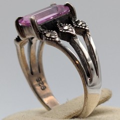 Vintage 925 Sterling Silver Pink Topaz Emerald Cut Marcasite Ring Size 7.5 4.8g