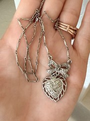 Vintage 1928 Heart And Bow Pendant Necklace Silver Tone Marcasite Accents 17”in