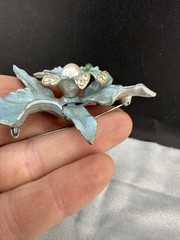 Vintage Pot Metal Brooch Silver Tone Enamel Flower Blue
