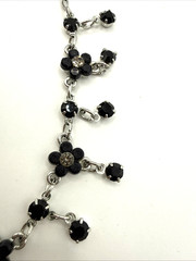 VCLM Dainty Art Deco Necklace Floral Design Black Clear Rhinestones Silver Tone