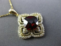ESTATE 2.46CT DIAMOND & GARNET 14KT YELLOW GOLD SQUARE FILIGREE FLOATING PENDANT