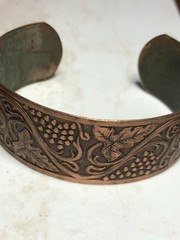 Art Nouveau Style Vintage Solid Copper Cuff Bracelet With Grapes & Leaves Design