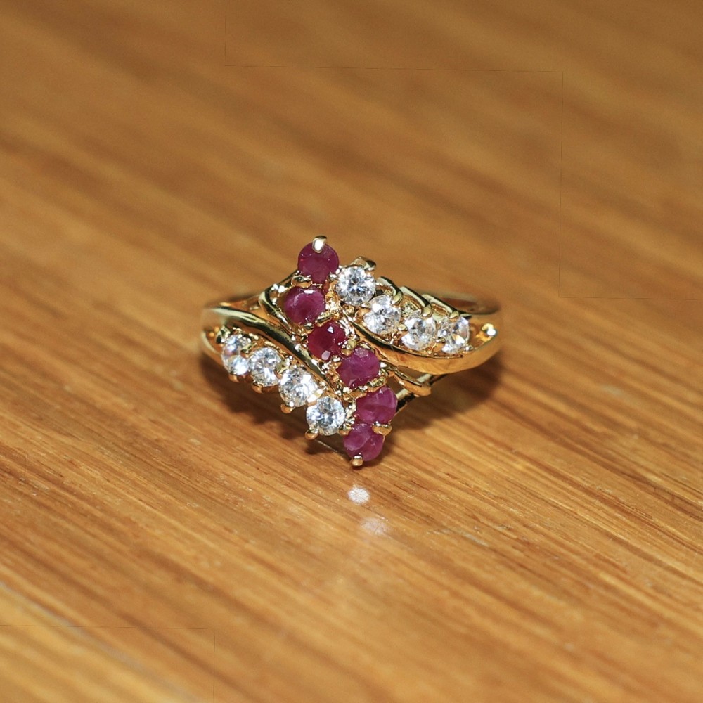 Vintage Gold Plated CZ and Genuine Natural Pink Ruby Cocktail Ring ~ Size 8 🔥