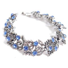 Vintage Silver Toned Blue Rhinestone Floral Bracelet 7.5