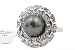 Contemporary Signed JTV Sterling Silver Tahitian Pearl White Topaz Ring Sz 7