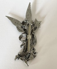 Vtg Pewter JJ Jonette Winged Angel Brooch Pin w Glowing Star 3.25″