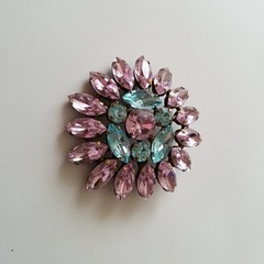 Vintage Pink and Blue Marquise Rhinestone Floral Brooch