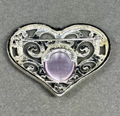 Signed AAI Silver Toned Filigree Heart Purple Stone Brooch