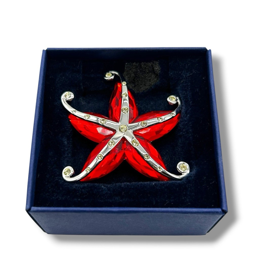 Authentic Swarovski Starfish Brooch Red Crystal Silver Tone With Box