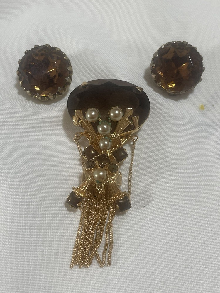 Vintage JULIANA DELIZZA Root Beer Amber Topaz Rhinestone Dangle Brooch Earrings