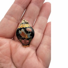 Vintage Cloisonné Butterfly Ginger Jar Pendant Gold Tone Floral Enamel Charm