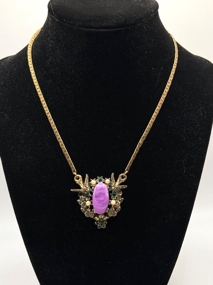 Antique Gold Tone Necklace w/Seed Pearls, Green Rhinestones, Purple Glass Center