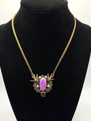 Antique Gold Tone Necklace w/Seed Pearls, Green Rhinestones, Purple Glass Center