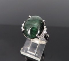 8.05ct Natural Cat’s Eye Green Tourmaline 0.26ct Diamond Platinum Ring Size 6.75