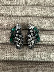 Vintage Weiss Earrings Clip On Rhinestone Green Clear Black Enamel Glamorous