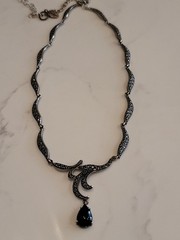 925 Sterling Silver Marcasite Necklace Black Teardrop Pendant Vintage Style 18″