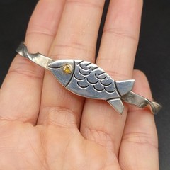 Vintage Taxco Mexico 925 Sterling Silver Fish Bangle Bracelet Twisted Cuff 21g