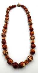 VTG 24″ UNUSUAL GEOMETRIC BEAD brown white silver tone mtl STRAND Necklace