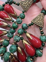 Vintage Tribal Boho Statement Necklace Brass Green Stone Red Glass