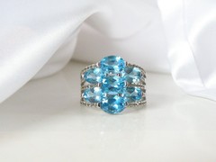 Sterling Silver 925 Natural Heated Blue Topaz Multi Row Statement Ring Size 11