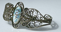 Vintage Painted Floral Motif Enamel Cuff Bracelet W/ Ornate Filigree