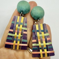 Vtg Big 80’s Wearable Art Statement Earrings Wood Basket Weave Purple Green Drop