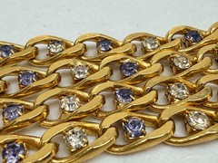 Vintage Rhinestone Necklace Gold Tone Curb Link Chain 22 in Purple, Clear Gems