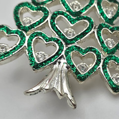 Christmas Tree Brooch Silver Tone Green Glitter Heart Clear Crystal Pin Holiday