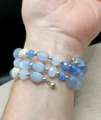 Vintage Venetian Glass Floral Beaded Bracelet Blue Moonglow Lucite Wrap Adjusts