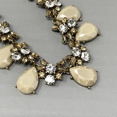 Statement Rhinestone Necklace Gold Tone Bib Tan Acrylic Clear Metallic Glass 18″