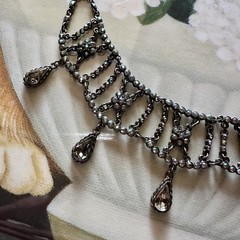 Vintage TARA Aurora Borealis Crystal Festoon Necklace Smoky Drops Gunmetal Chain