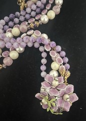 Vintage 1950’s Purple, Lavender Faux Pearl , Resin Enamel Flower Motif Necklace