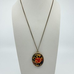 Vintage Russian Khokhloma Style Oval Rose Pendant Necklace Hand Painted Floral