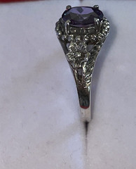Oval Simulated Purple Amethyst & Sterling Silver Ring Flowers on Sides Size 8