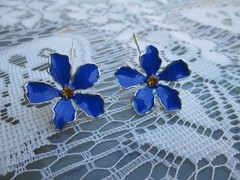 Vintage silver tone Blue enamel flower French wire Earrings orange rhinestones