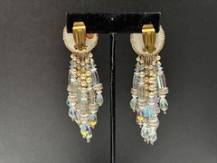 Glamorous Signed Chipita Simulated Pearl Cut AB Crystal Bead Clip-on Earrings