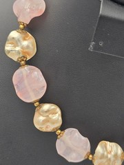 Vintage Pink Frosted Molded Glass & Gold Tone Bead Choker Necklace Hook Clasp