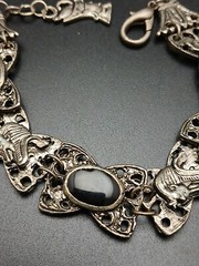 VINTAGE antiqued silvertone black enamel Egyptian design panel links bracelet