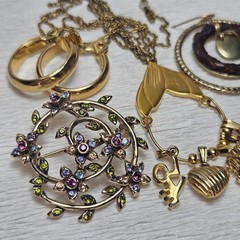 Monet Gold Charm Holder on Chain Braided Leather Hoop Earrings Rhinestone Brooch