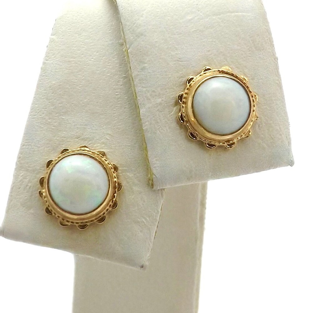 14K Gold White Opal October Birthstone Flower Halo Stud Earrings Vintage