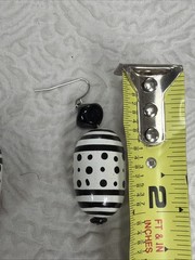 VINTAGE Black & White Hand Blown Art Glass and Magnetite Bead Dangle Earrings