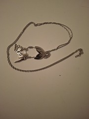 Vtg Monet Charm Necklace Silvertone+3 Charms+Beaded Spacers Signed 30″ 1980’s
